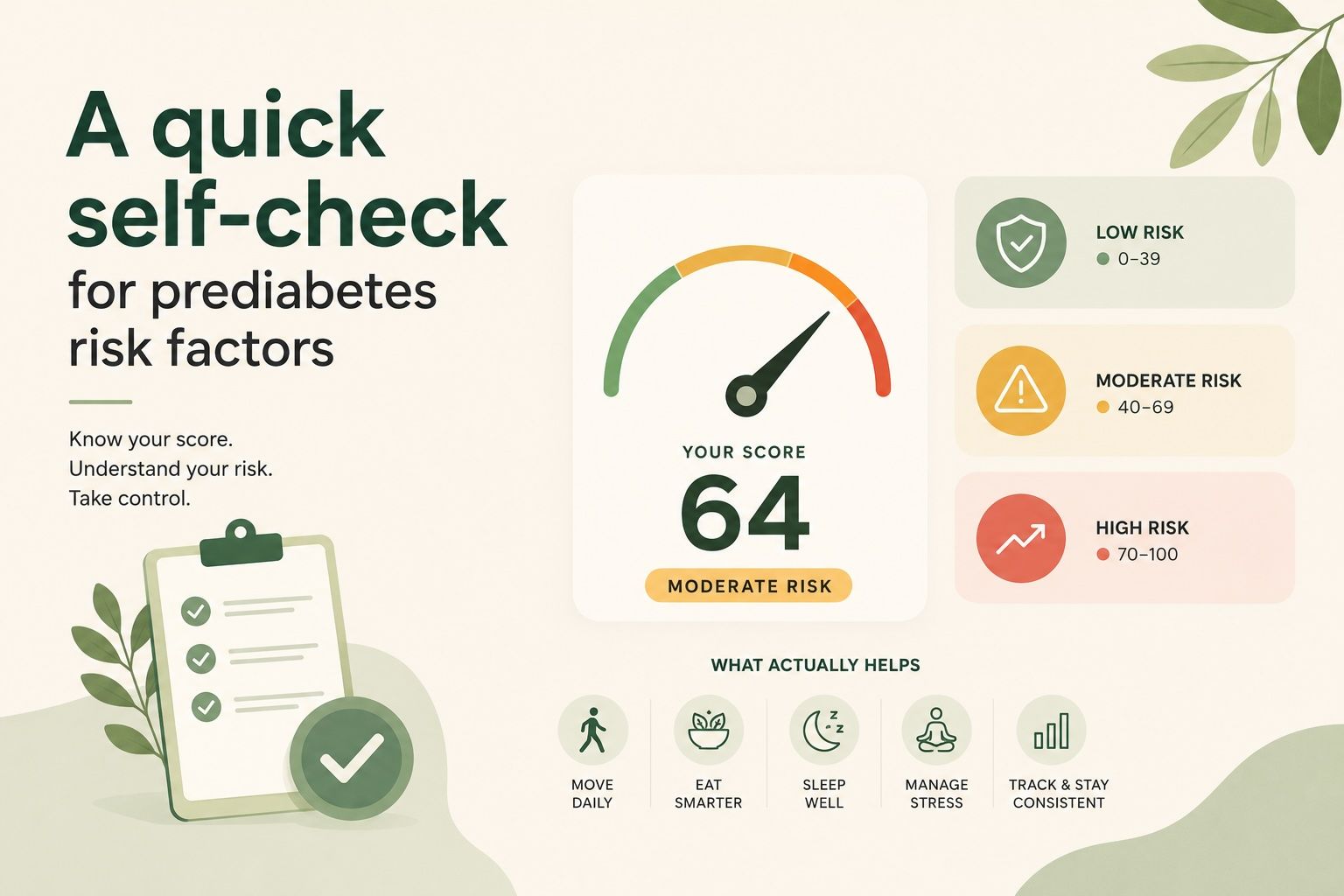 A quick self-check for prediabetes risk factors, what your score means, and what actually helps if you land in the moderate-to-higher range.