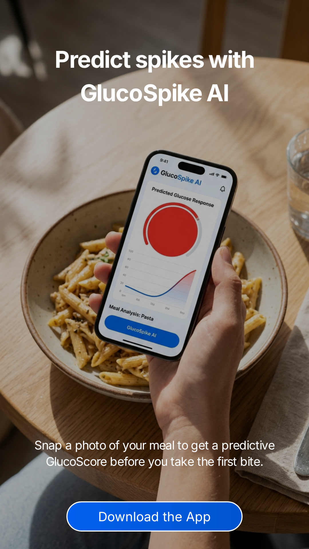 Illustration of a simplified glucose curve stabilizing over time as a person logs meals with an app