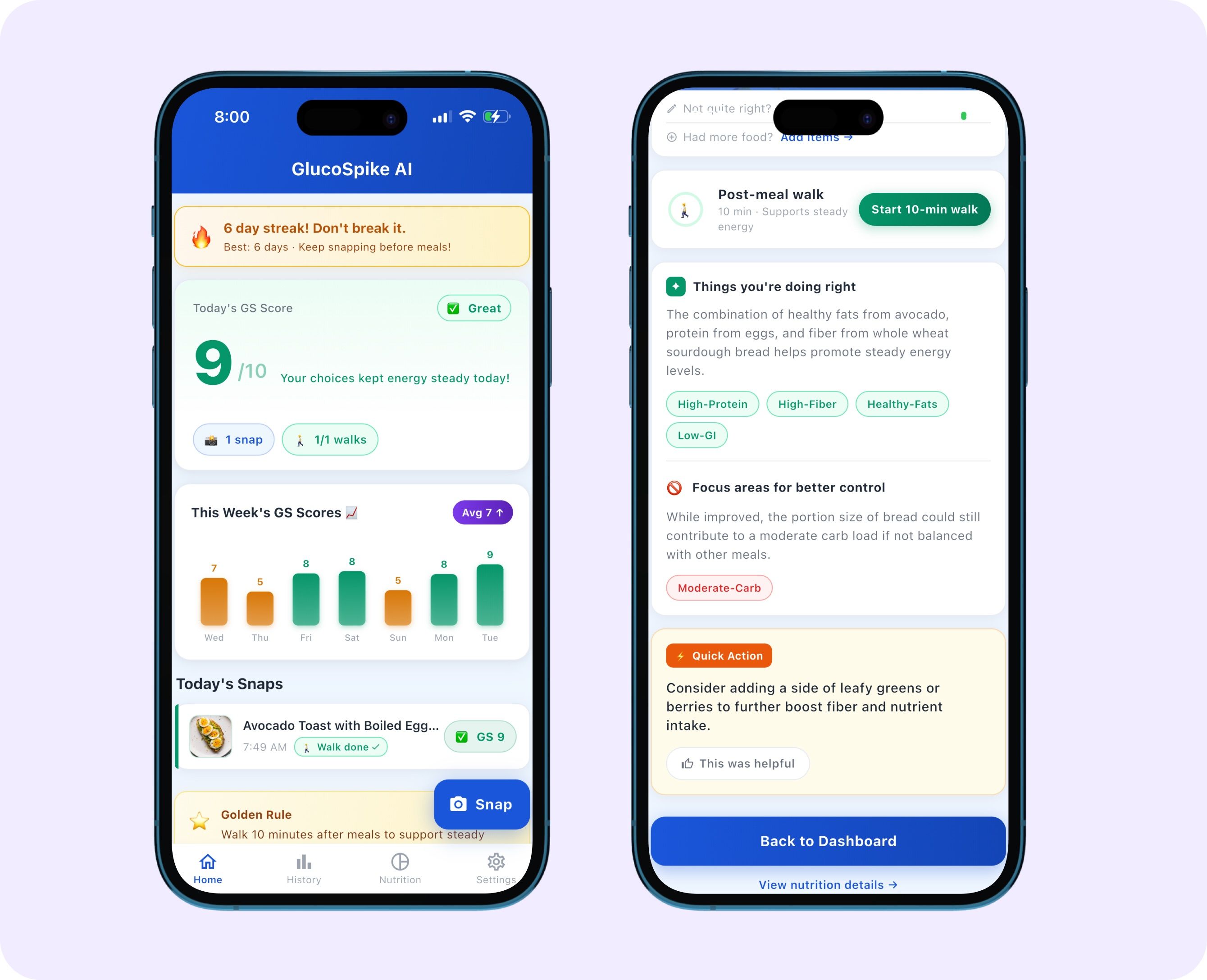 Smartphone showing a GlucoSpike meal score next to a balanced, high-fiber meal