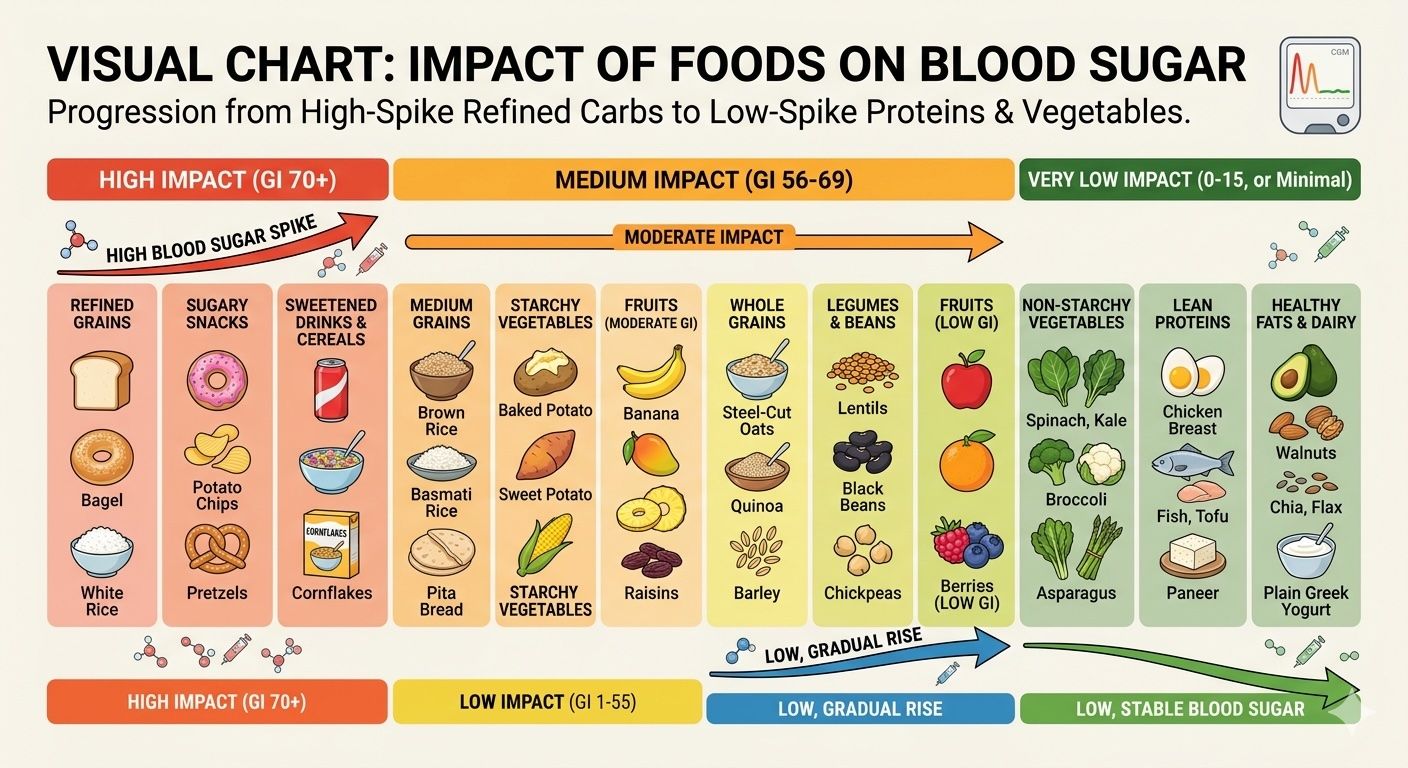 Not all carbs are equal — some foods spike blood sugar dramatically while others barely register. Here's the definitive breakdown by food category, with GlucoScores and what to eat instead.