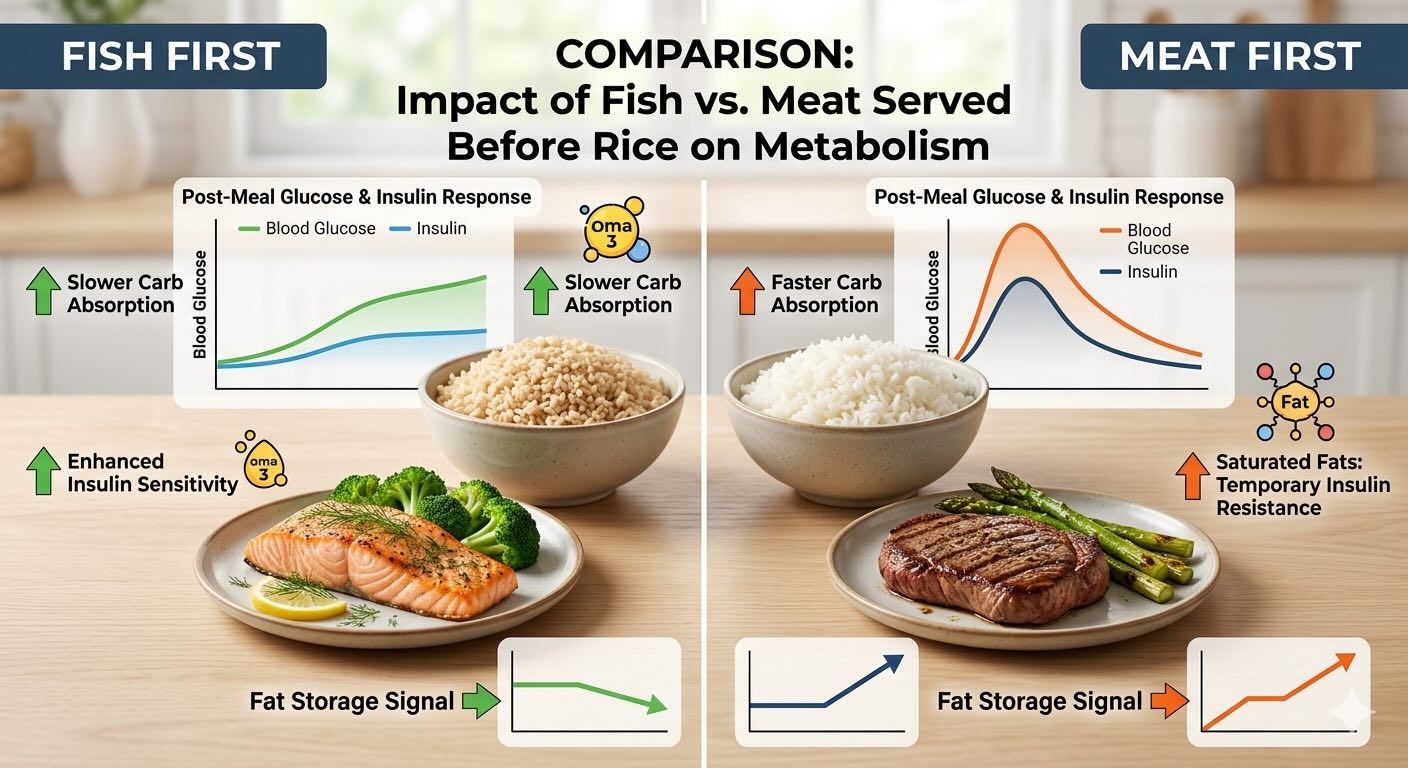 Both fish and meat eaten before rice reduce your blood sugar spike. But there's a surprising difference in how they affect fat storage — and it comes down to the type of fat each contains.