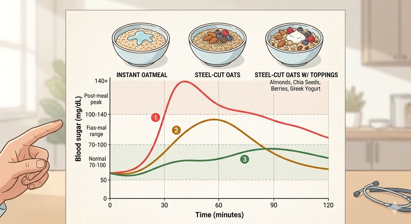 Comparison chart of blood sugar curves for instant oatmeal, steel-cut oats, and oatmeal with protein and fat toppings
