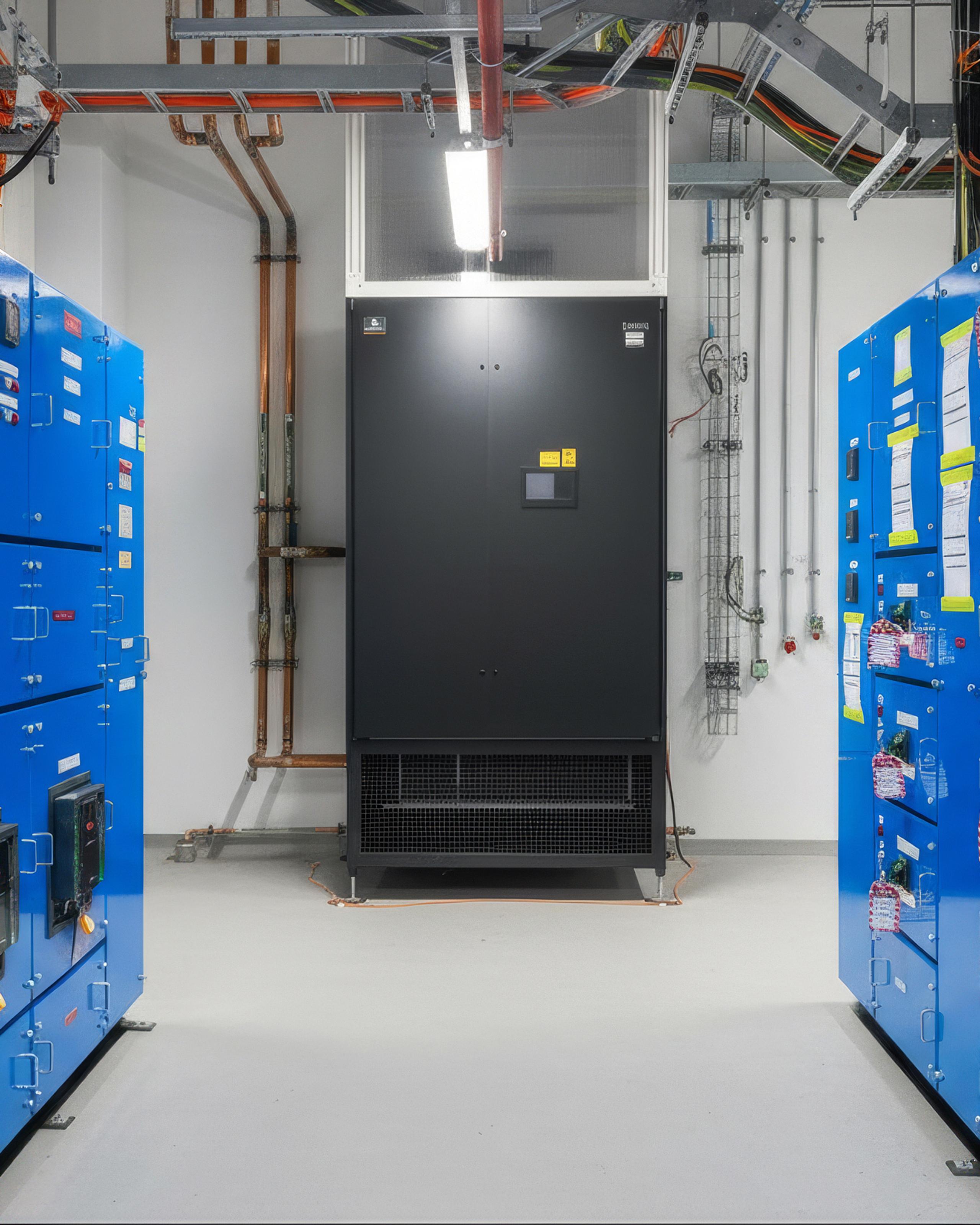 Rows of blue electrical switchgear flanking a central unit inside a data centre plant room