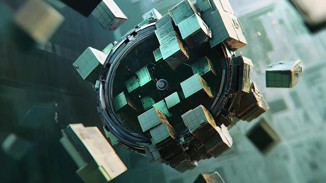 Rappresentazione 3D astratta di blocchi di dati che orbitano attorno a un nucleo circolare, metafora delle infrastrutture digitali europee