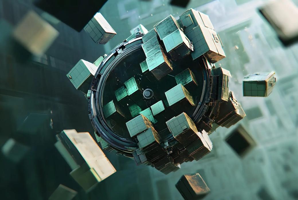 Rappresentazione 3D astratta di blocchi di dati che orbitano attorno a un nucleo circolare, metafora delle infrastrutture digitali europee