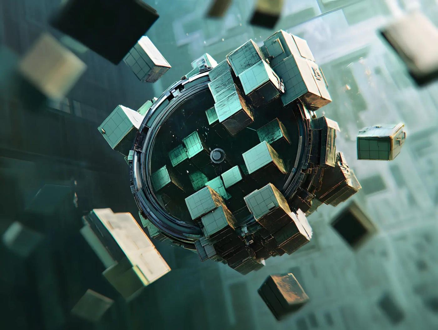 Rappresentazione 3D astratta di blocchi di dati che orbitano attorno a un nucleo circolare, metafora delle infrastrutture digitali europee