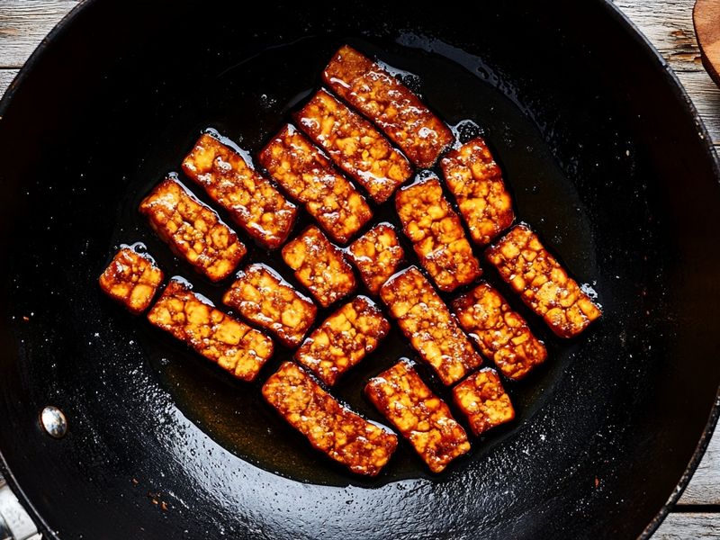 Tempeh batons frying until golden and crisp in a wok