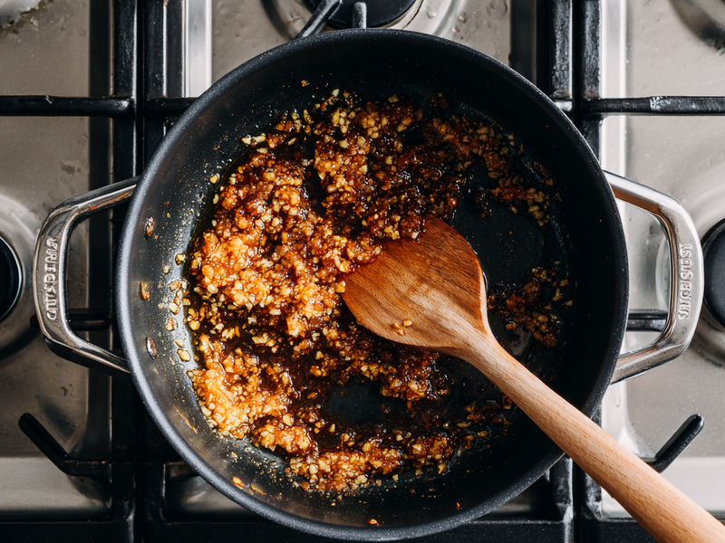 Gochujang and miso stirred into the pot until glossy to build ramen flavor