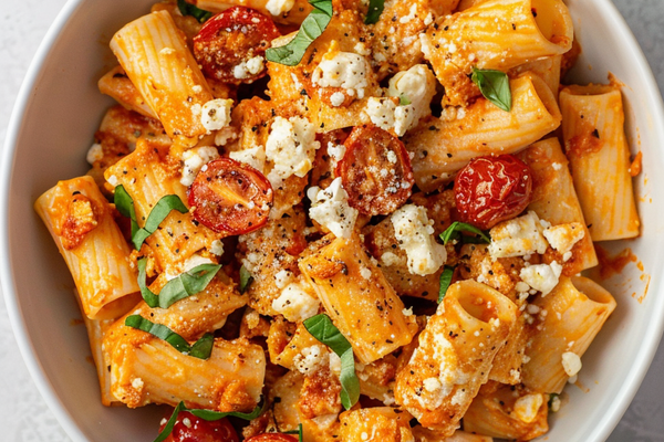 Baked feta pasta with roasted cherry tomatoes and creamy feta sauce tossed with pasta