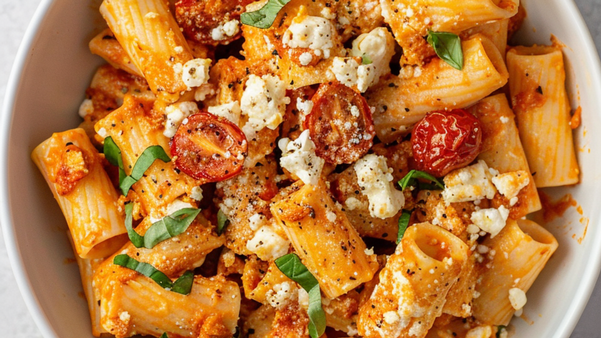 Baked feta pasta with roasted cherry tomatoes and creamy feta sauce tossed with pasta