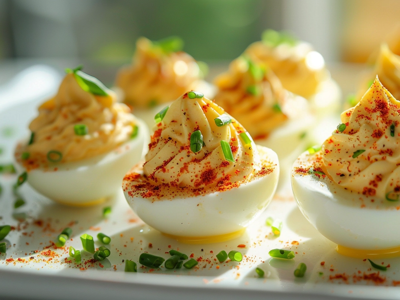 Garnishing deviled eggs with pepperoncini slices, chives, and paprika