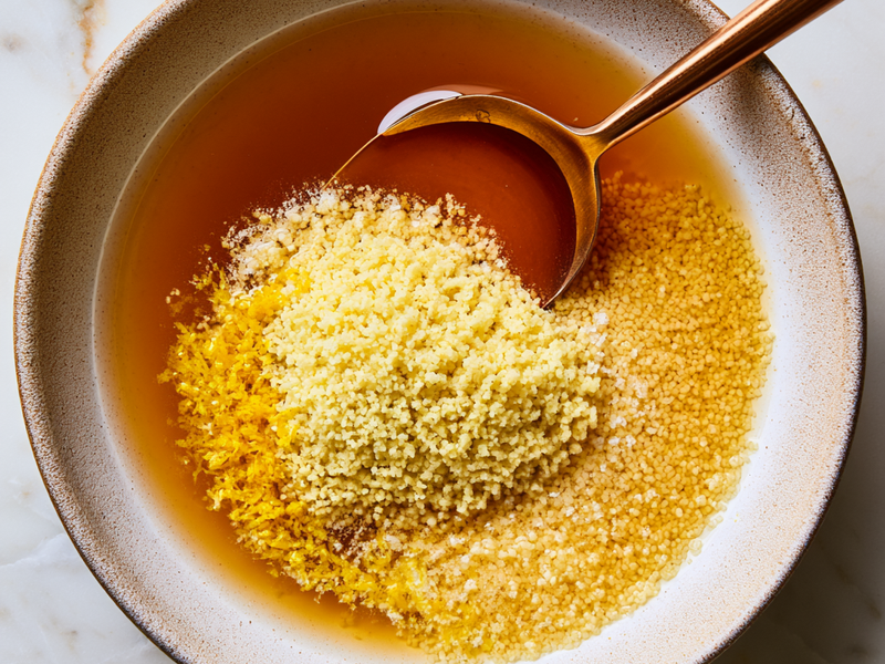 Couscous steaming in a bowl with lemon zest and hot broth.