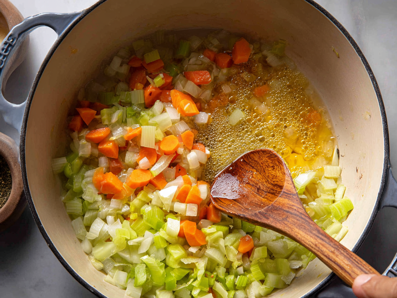 Sautéing onion, celery, and carrots in butter to start sweet potato chowder