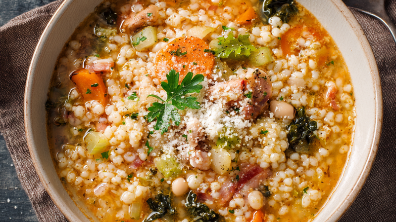 Italian pastina soup with spinach served in a rustic bowl.
