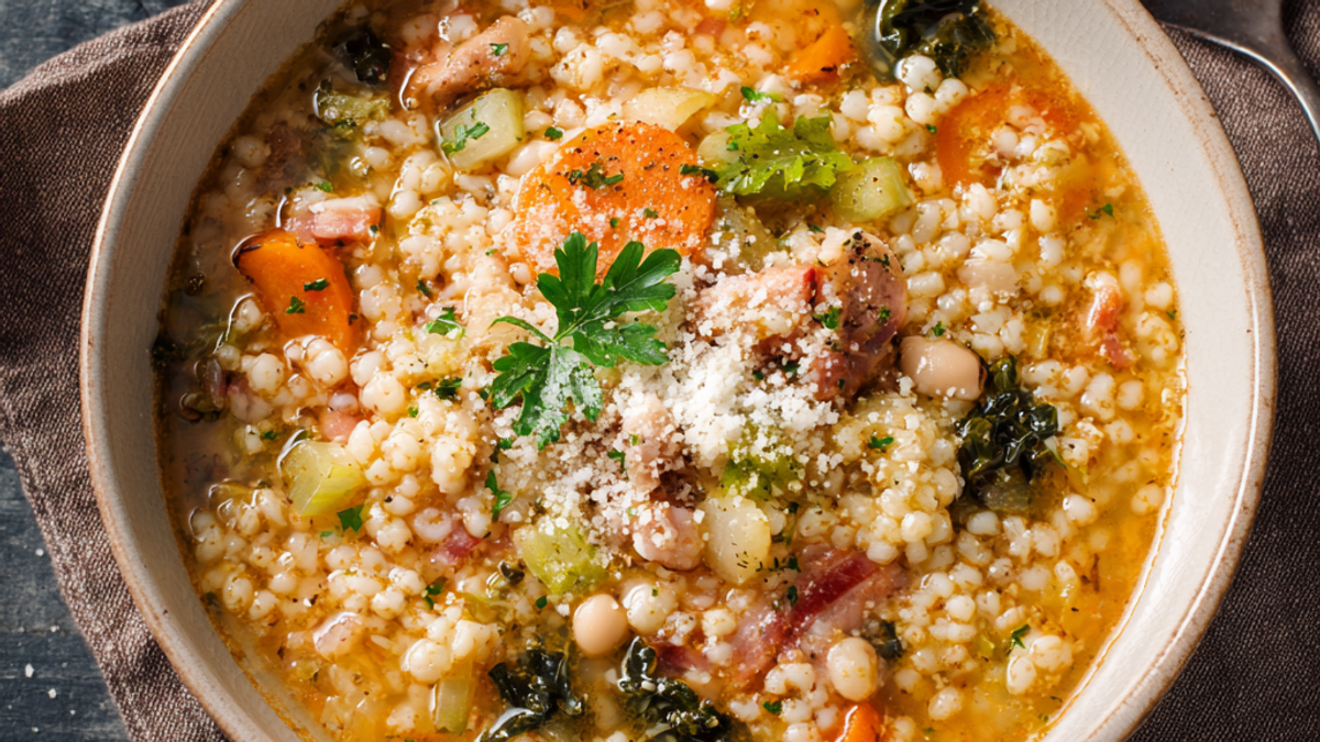 Italian pastina soup with spinach served in a rustic bowl.