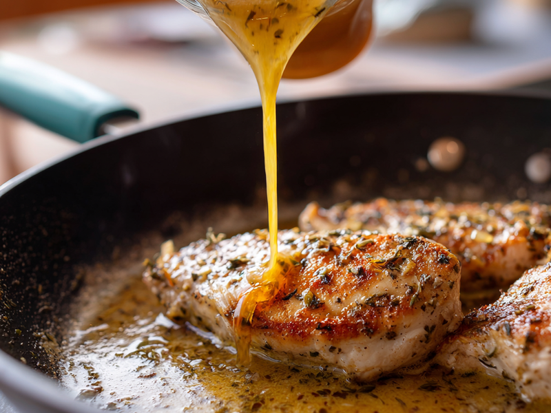 Pouring chicken broth into the skillet to deglaze and lift browned bits for marry me chicken