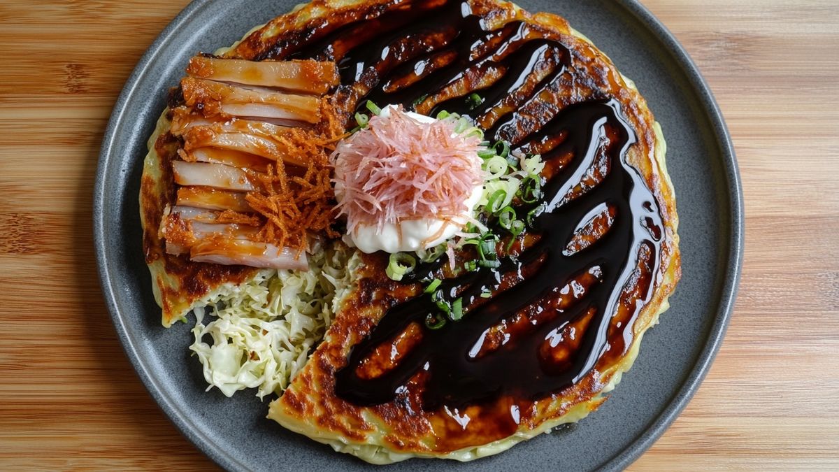 Japanese Okonomiyaki with Crispy Pork Belly and Cabbage