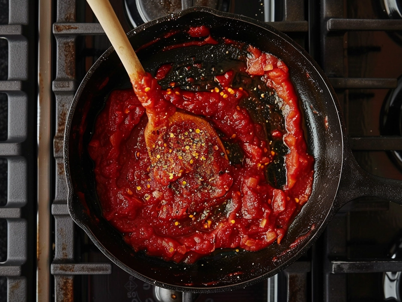 Stirring tomato paste and seasonings into the skillet to build flavor for marry me chicken