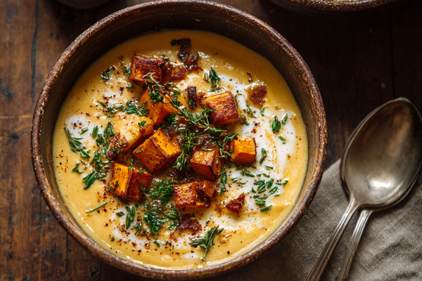 Creamy sweet potato chowder in a bowl topped with herbs and black pepper
