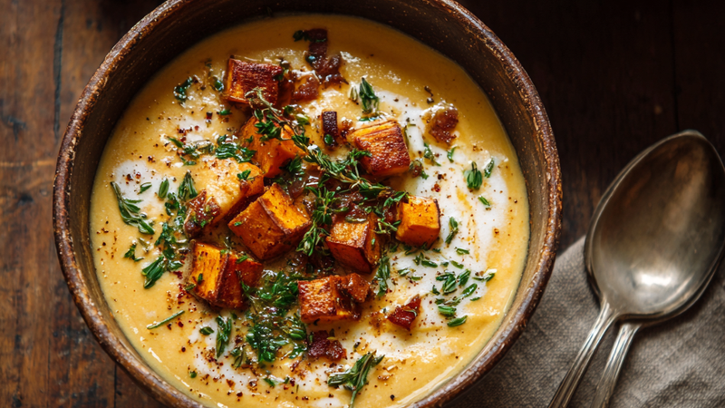 Creamy sweet potato chowder in a bowl topped with herbs and black pepper