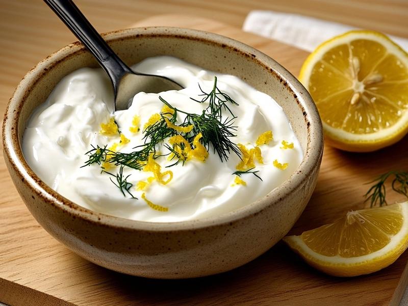 Creamy horseradish yogurt flecked with dill and lemon zest in a small bowl