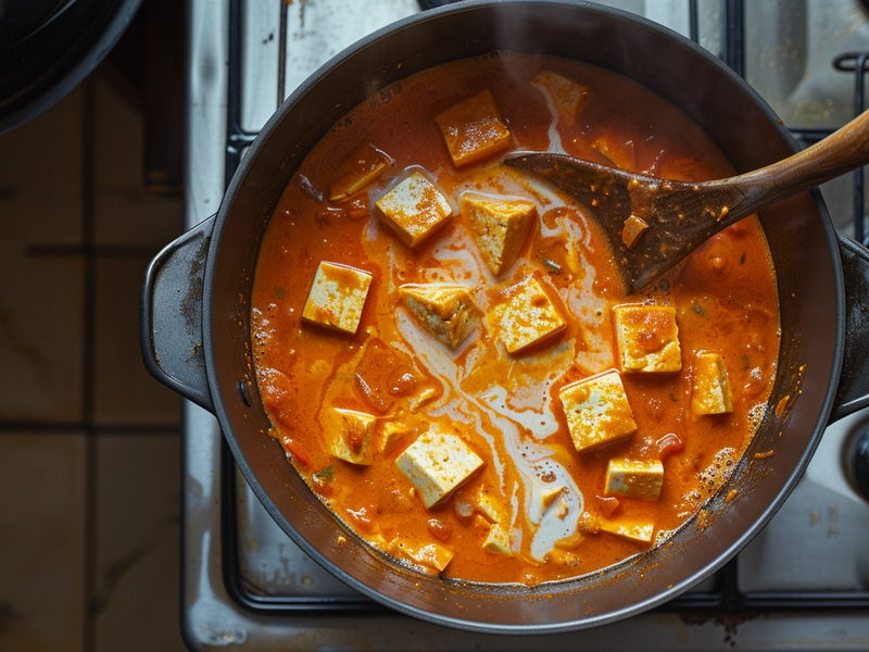 Creamy gochujang broth with tofu cubes simmering in a pot