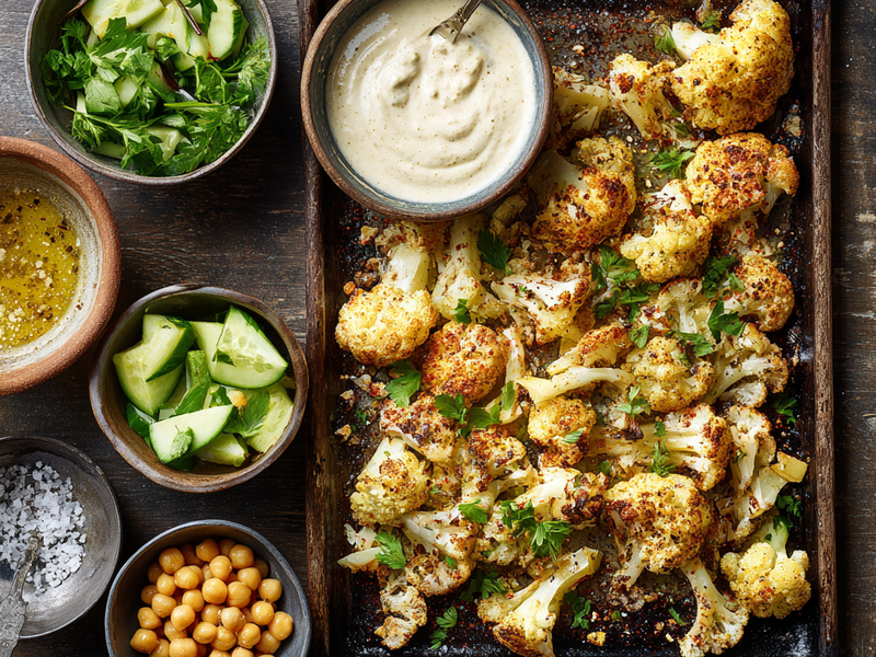 Chickpeas, diced cucumber, and fresh herbs arranged in serving bowls.