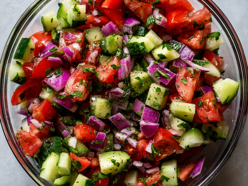 Cucumber, tomato, onion, and herbs tossed together until evenly combined.