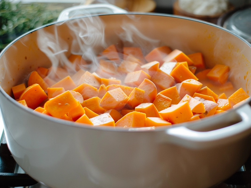 Adding diced sweet potatoes and seasonings to simmer for sweet potato chowder