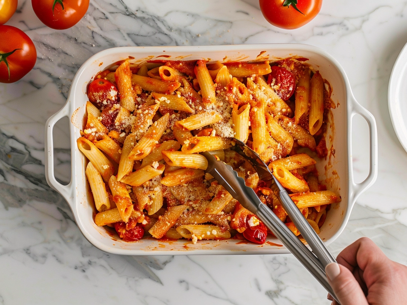 Tossing cooked pasta in the baking dish with creamy tomato feta sauce