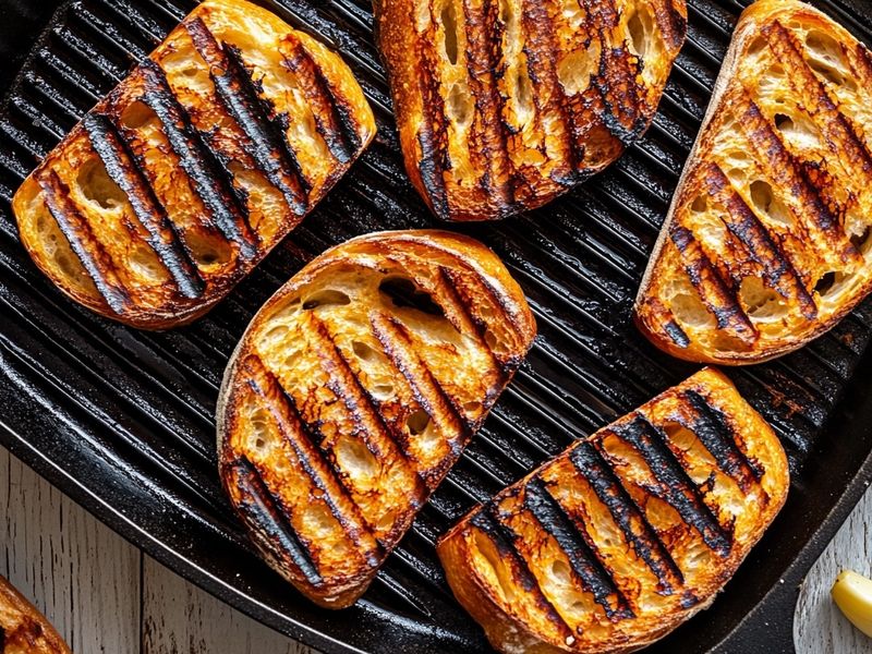 Thick sourdough slices charring in a grill pan beside a halved garlic clove