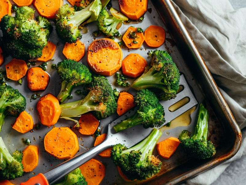 Tossing roasted broccoli and carrots halfway through on a sheet pan