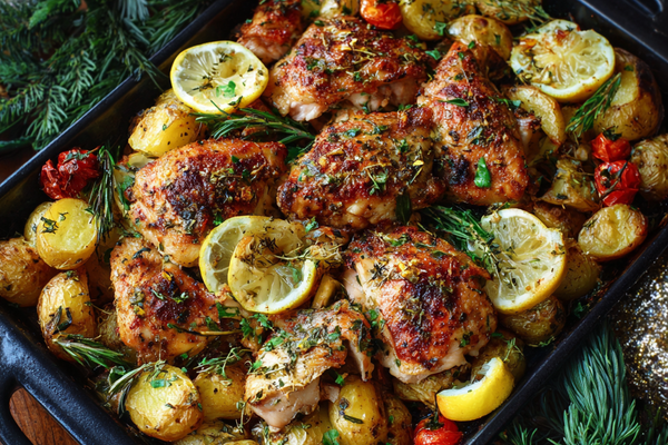 Roast chicken and golden potatoes in a baking dish with lemon slices and fresh herbs.