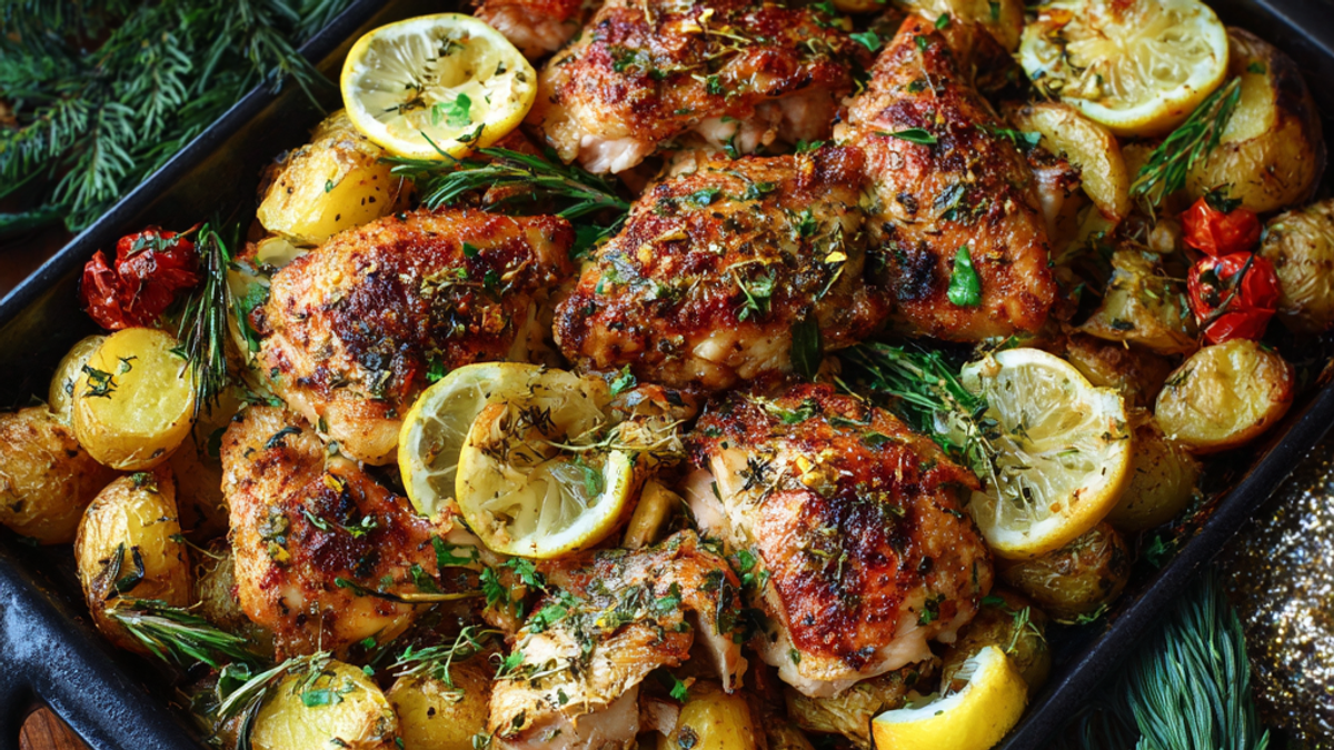 Roast chicken and golden potatoes in a baking dish with lemon slices and fresh herbs.