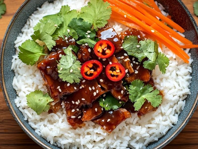 Fluff the rice and divide between two bowls. Spoon the caramel pork over the top, mound the pickled