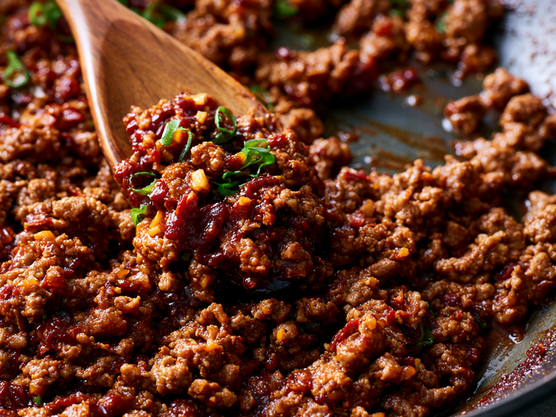 Ground beef coated in a glossy red gochujang sauce.