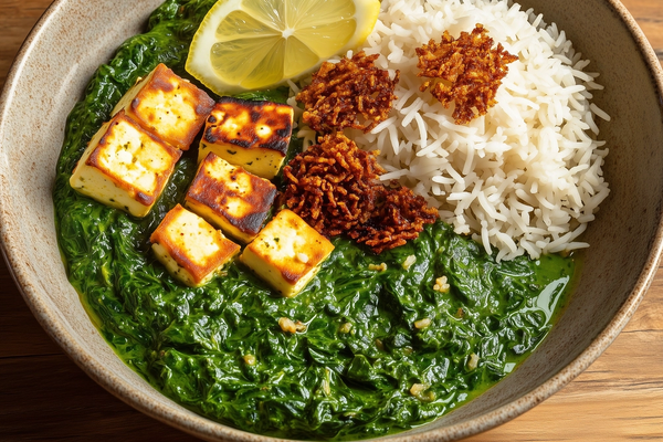 Saag Paneer with Crispy Garlic Basmati
