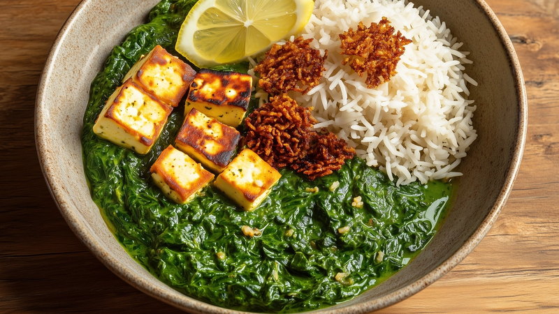 Saag Paneer with Crispy Garlic Basmati