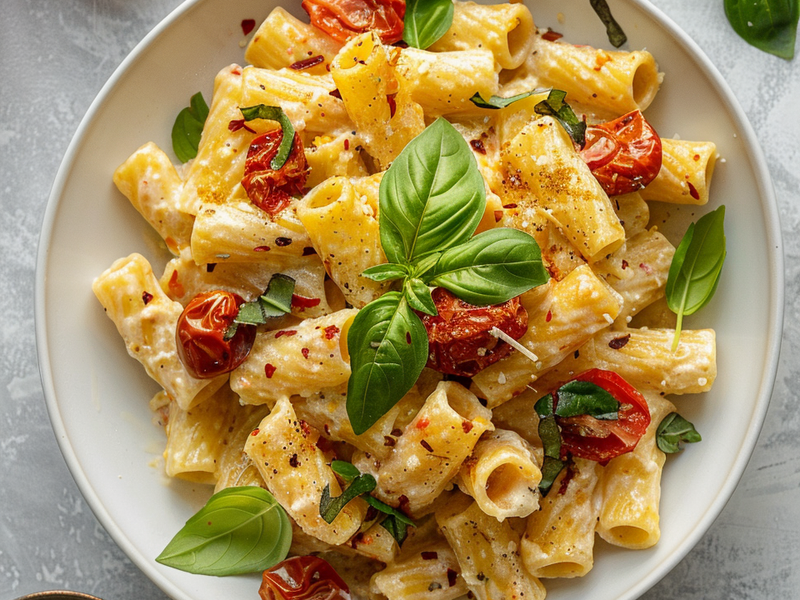 Finished baked feta pasta topped with fresh basil ready to serve