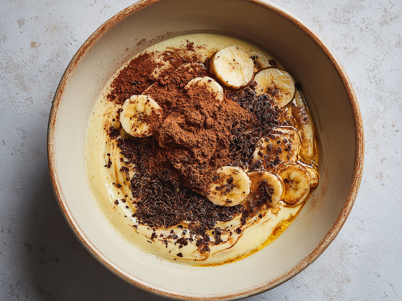 Stir in mashed banana and cocoa powder until fully combined.