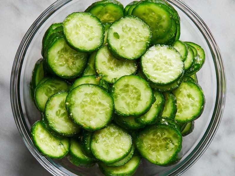 Slice cucumbers thinly and place in a bowl.