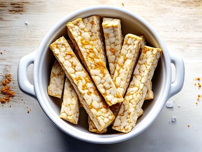 Raw tempeh batons tossed with turmeric and salt in a bowl