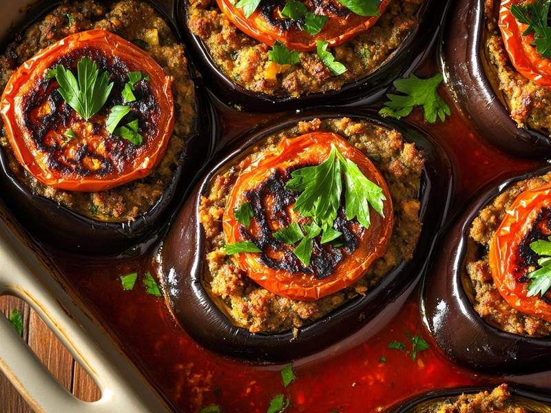 Finished Turkish karniyarik stuffed eggplants in a baking dish with blistered tomatoes and fresh parsley