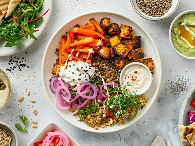 Lentil quinoa power bowl served with warm pita, a simple side salad, soup, and crunchy toppings like pickled onions and seeds