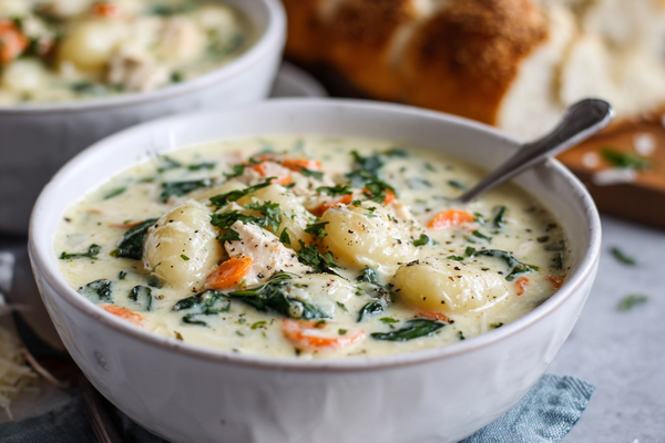 Creamy chicken gnocchi soup with carrots, spinach, and tender gnocchi in a white bowl.