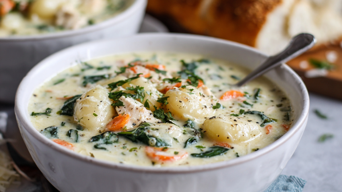 Creamy chicken gnocchi soup with carrots, spinach, and tender gnocchi in a white bowl.