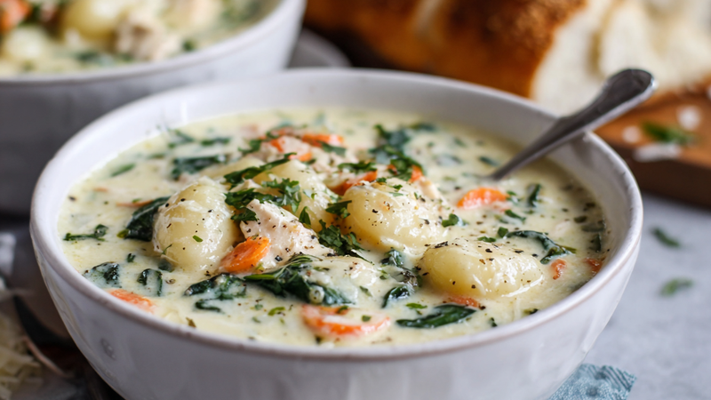 Creamy chicken gnocchi soup with carrots, spinach, and tender gnocchi in a white bowl.