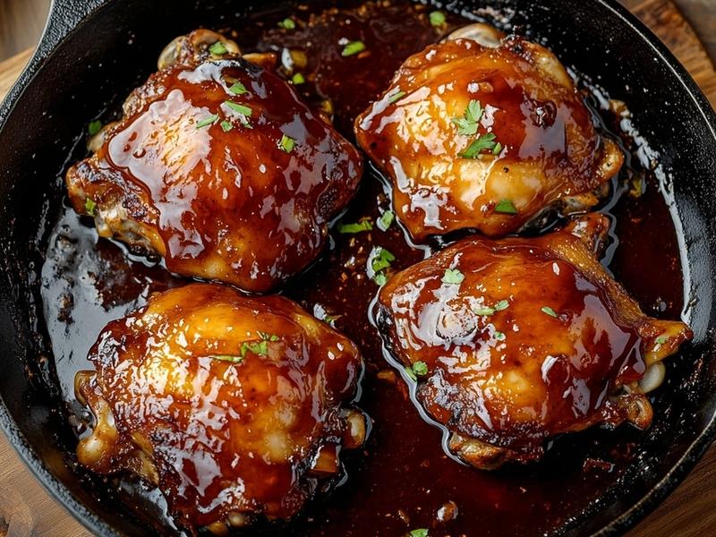 Uncover and turn the heat to high, basting the chicken as the sauce reduces into a glossy, sticky glaze that c