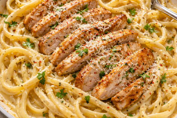 Creamy garlic chicken pasta with grilled chicken, parmesan cheese, and herbs in a rich Alfredo sauce