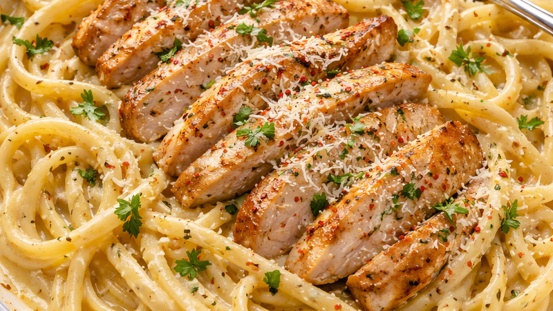Creamy garlic chicken pasta with grilled chicken, parmesan cheese, and herbs in a rich Alfredo sauce
